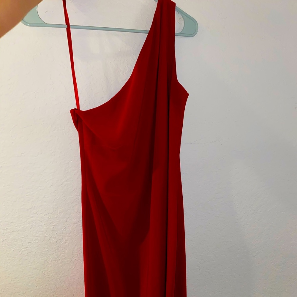 Red one shoulder Ralph Lauren midi dress